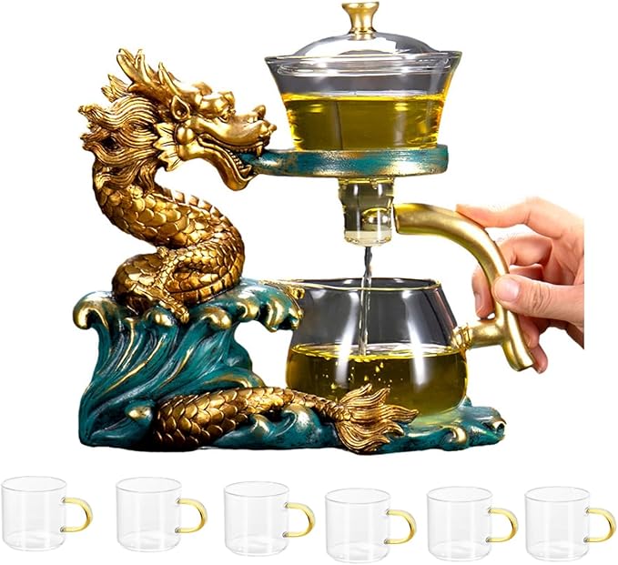 Glass Teapot Set Tea Maker with Infuser Semi Automatic Drip Rotating Cover Bowl Lazy Tea Set (Dragon, Teapot set)