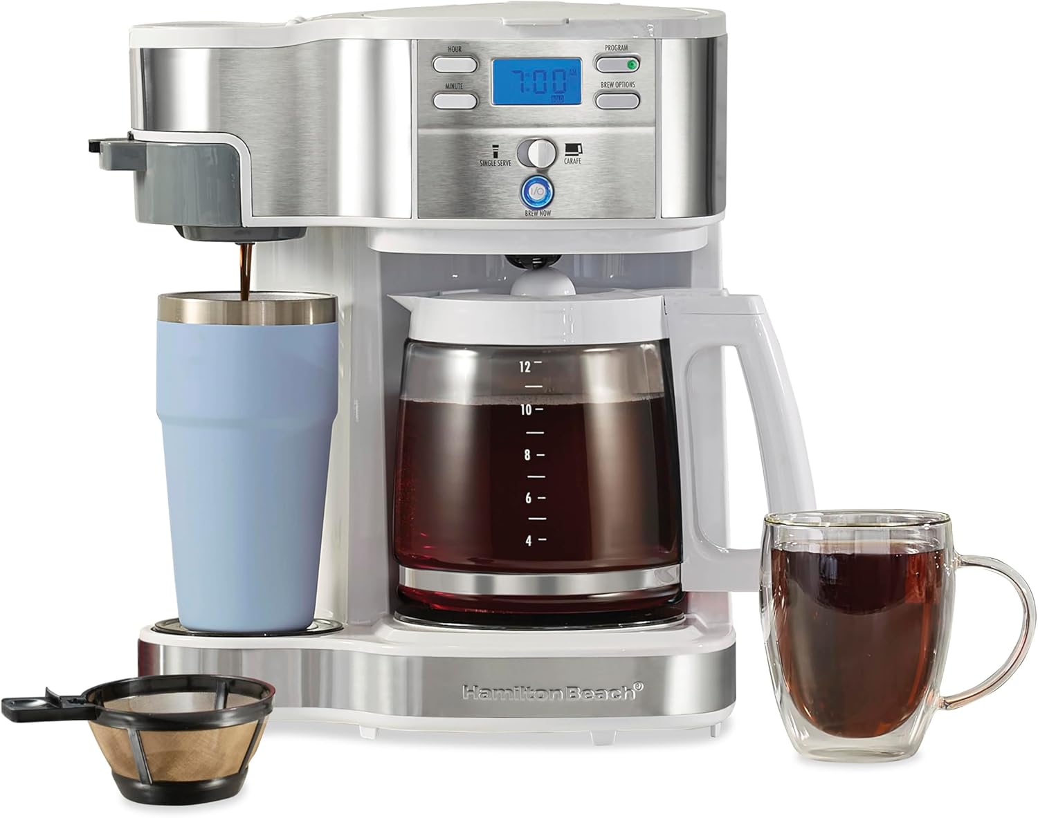 Hamilton Beach 49933 2-Way 12 Cup Programmable Drip Coffee Maker & Single Serve Machine, Glass Carafe, Auto Pause and Pour, White - Blissbrew