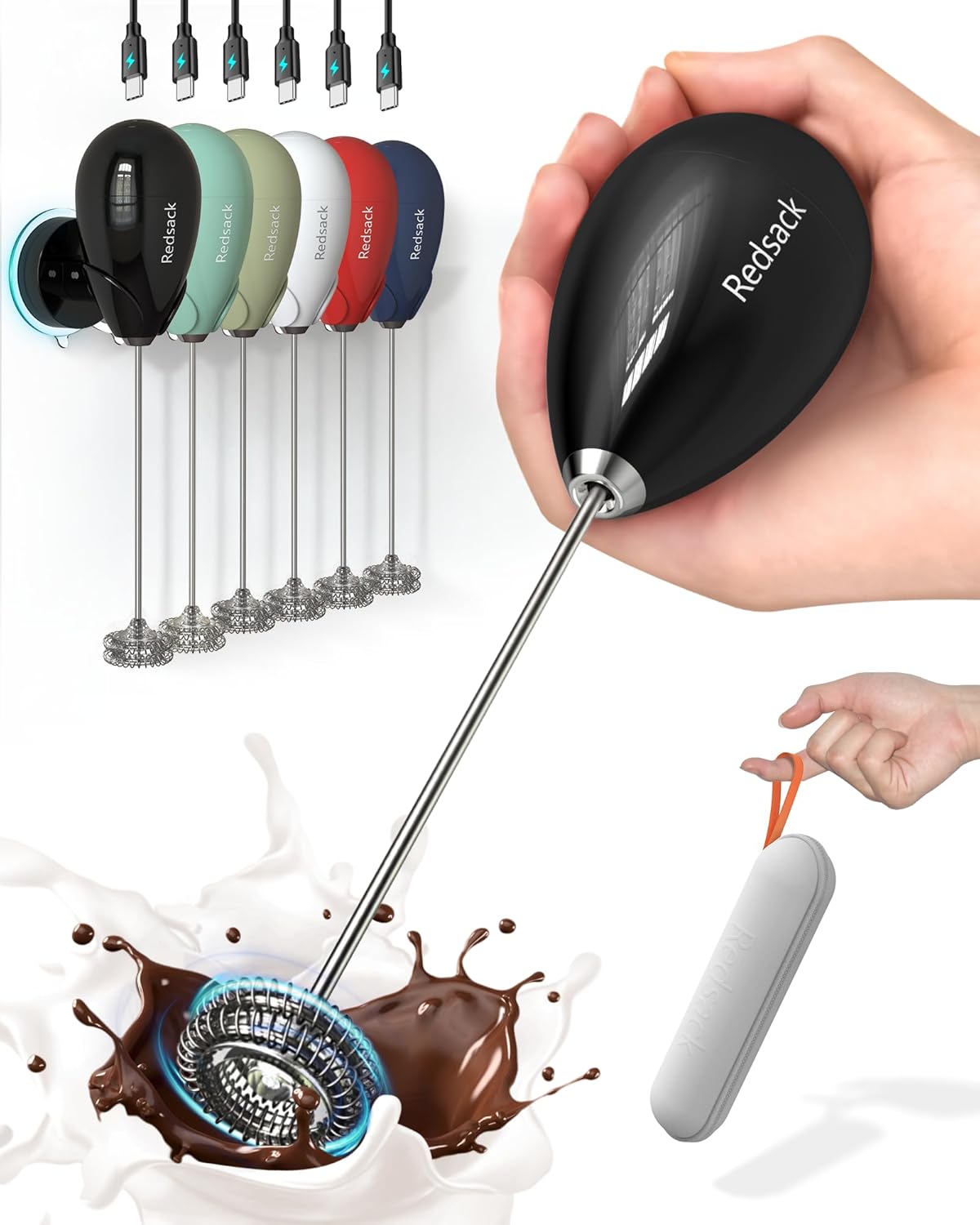 Rechargeable Milk Frother Handheld, Travel Portable Frother Wand for Coffee, USB C Electric Whisk with Stand & Case, Waterproof Hand Drink Mixer for Lattes, Cappuccino, Matcha, Egg (Black)