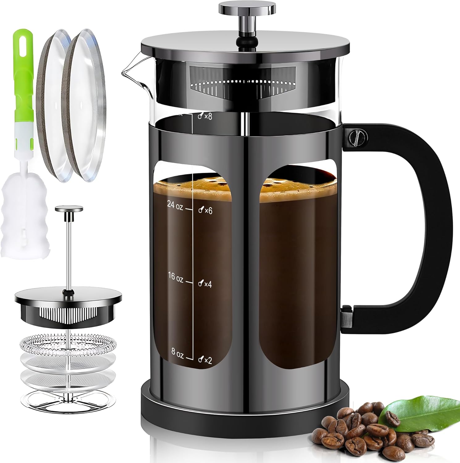 French Press Coffee Maker (34oz 1Quart 5-6Cup) Coffee Press, with 4 Filters System, Heat Resistant Thickness Borosilicate Glass, Cold Brew Coffee Tea Pot Gifts (Bright Black) - Blissbrew