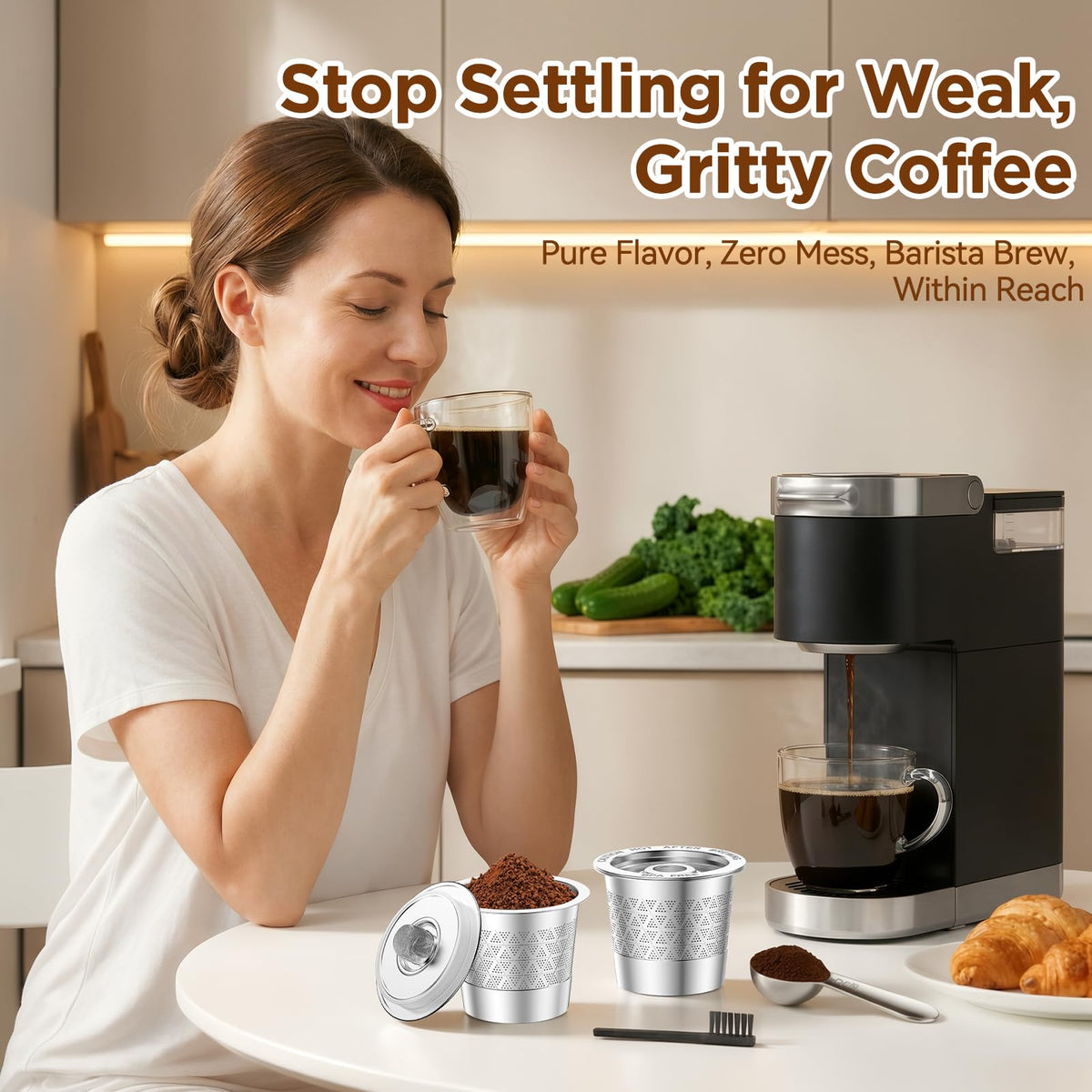 Four refillable coffee pods with accessories