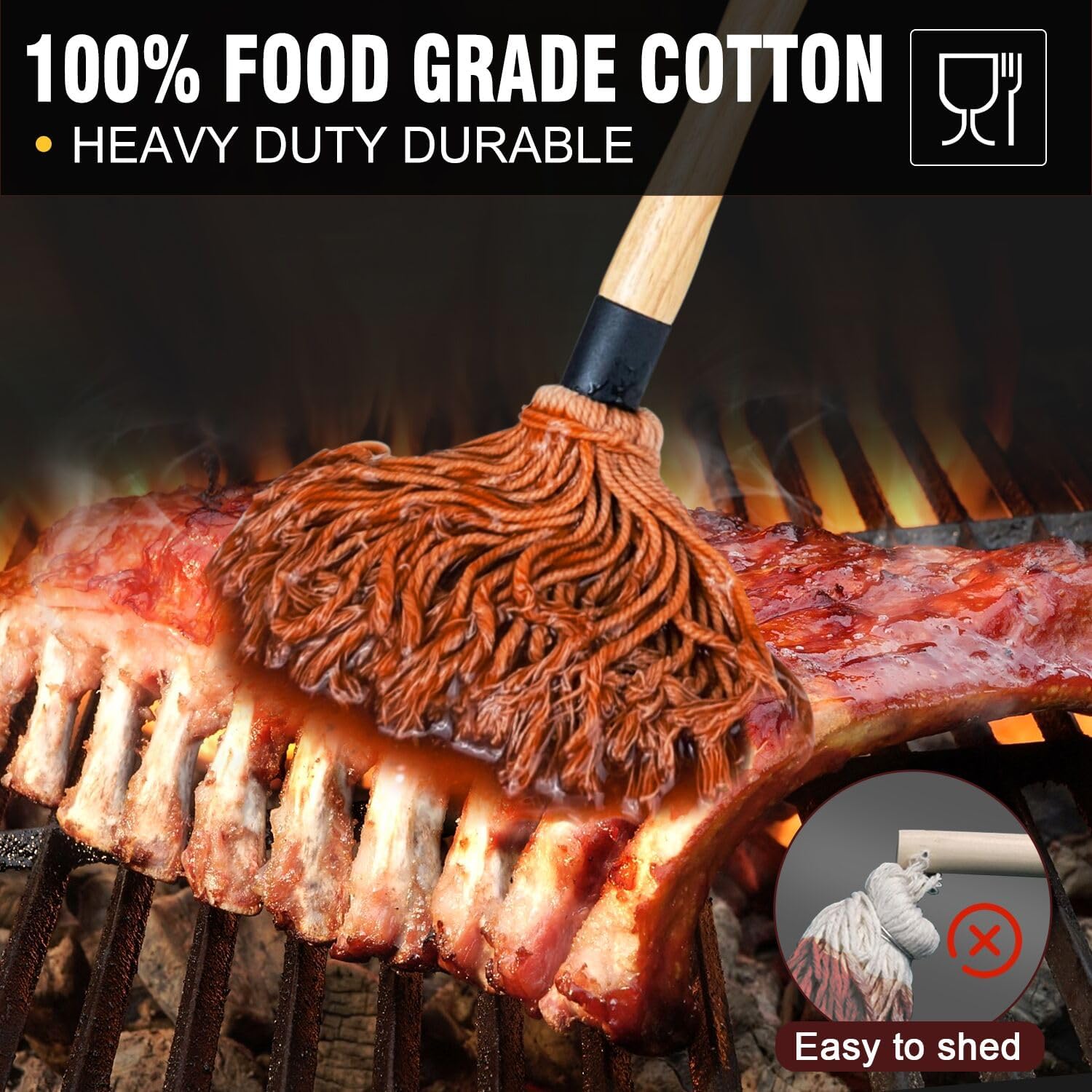 Walfos Basting Brush Silicone and BBQ Mop, Grill Basting Mop with 3 Heads and 2Pcs Pastry Brushes, Wooden Long Handle, Heat Resistant for Grilling, Smoking Steak, Kitchen Cooking (18"）