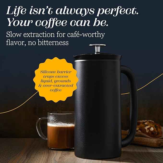 ESPRO P7 French Press Stainless Steel 304 – Patented Double Walled Micro-Filter Insulated French Press Coffee Maker, Grit-Free Brew - Heat Resistant BPA Free - Matte Black (18oz)