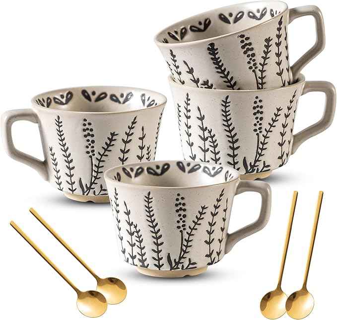 Ceramic Latte Mug Set of 4 with Gold Spoon, 11 Ounce Porcelain Cups for Latte, Hot Tea, Cappuccino, Mocha, Cocoa, Housewarming Wedding Present Gifts for Men Women Dishwasher Microwave Safe