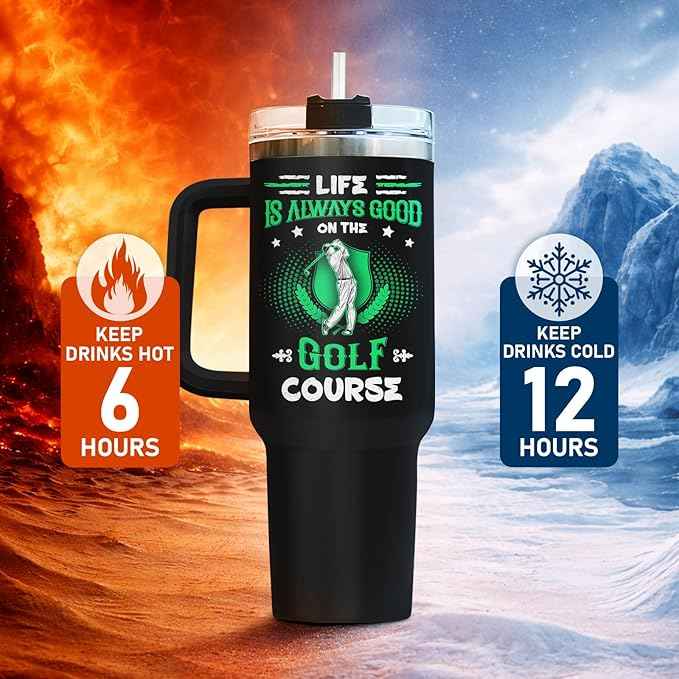 34HD Cool Golfer Tumbler 40oz with Handle and Straw, Life is Always Good on the Golf Course Insulated Travel Coffee Mug, Retirement Birthday & Father's Day Gifts for Dad, Uncle & Grandpa