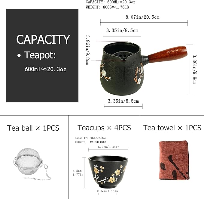 Small Cast Iron Teapot, Japanese Style Tea Kettle without Lid, 20.3 fl oz Tea Pot with Stainless Steel Teacups, Tea Ball for Loose Tea, Wooden Side-handle Tea Set for Stovetop Safe(600ml)
