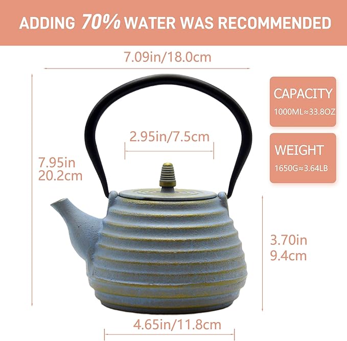 33.8oz Japanese Cast Iron Teapot for Stovetop, Small Tea Kettle with Stainless Steel Infuser for Loose Tea, Tea Pot Coated with Enameled Interior (1000ml)