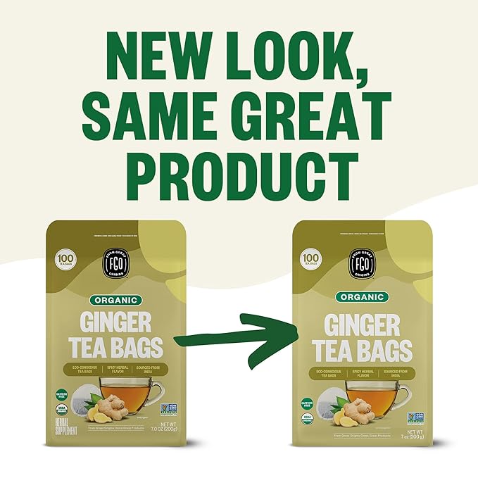 FGO Organic Ginger Tea, 100 Count, Eco-Conscious Tea Bags, Caffeine Free, Packaging May Vary (Pack of 1)