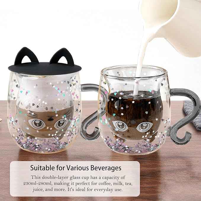 Gifts for Women Cat Gifts Double Walled Glass Coffee Latte Cup Cute Stuff Black Cat Mug Gifts for Her Christmas Stocking Fillers,Birthday,Valentines,Halloween Presents for Women,Men,Kid,Mum,Teacher