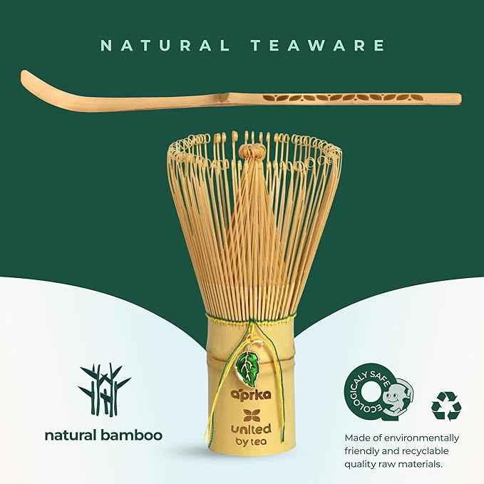 Matcha Gift Set 6 Pcs – Ceramic Bowl, Bamboo Whisk, Whisk Holder, Scoop, Sifter & Cloth – Traditional Japanese Set for Green Tea by Aprika Matcha (Pink with Cats)