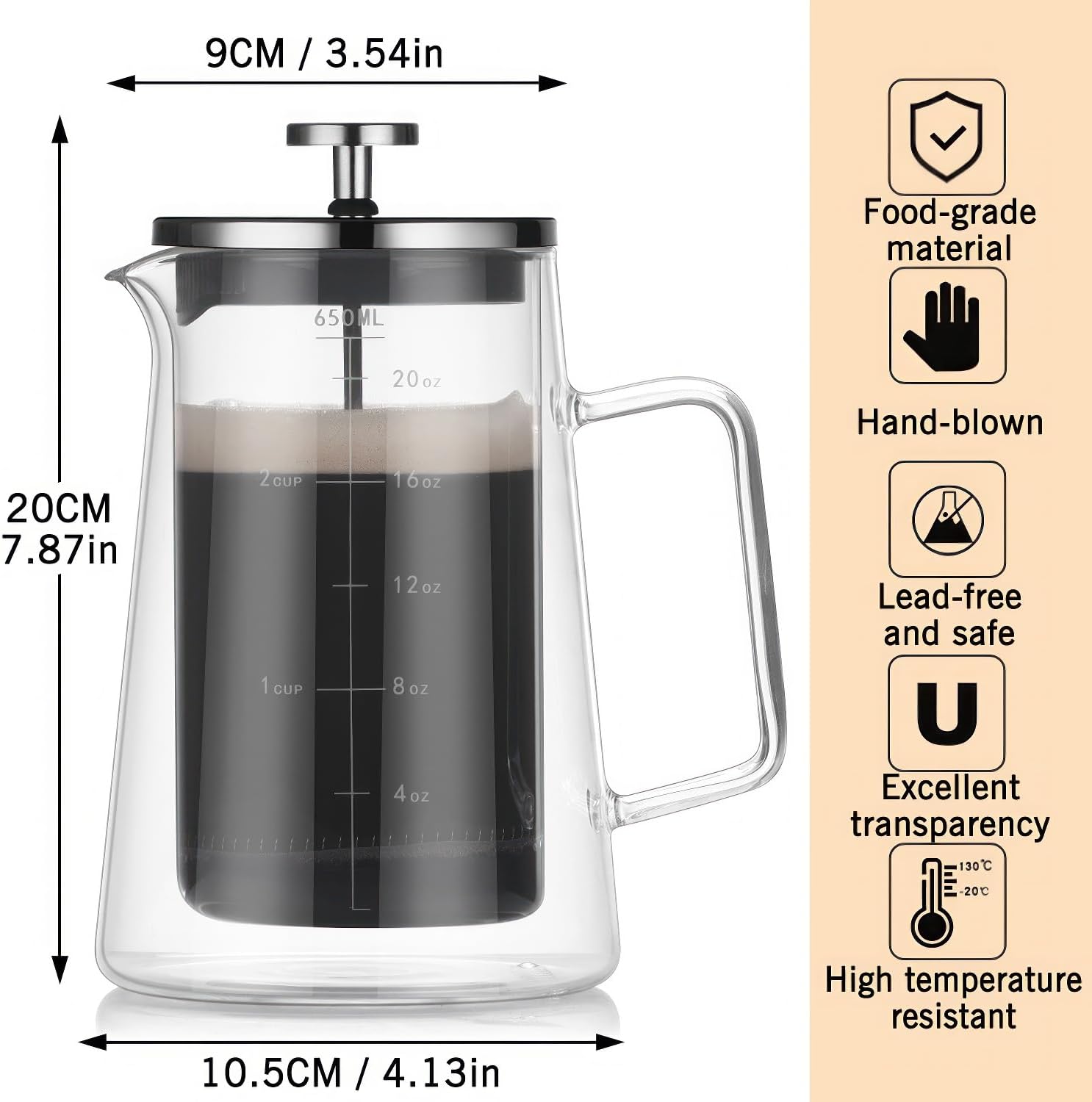 French Press Coffee Maker 22Oz - Double-Wall Insulated Borosilicate Glass - Ergonomic Handle - Coffee Gift - Tea & Coffee Press - Blissbrew
