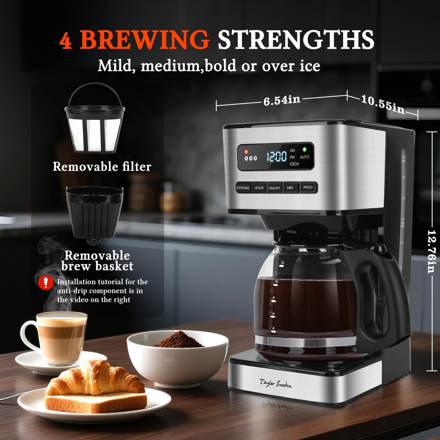 Taylor Swoden Programmable Coffee Makers 12 Cup, Hot and Iced Coffee Maker, 4 Brew Strength, LED Display, 24H Timer, Keep Warm&Auto Shutoff- Drip Coffee Machine for Home/Office, Black &Stainless Steel - Blissbrew