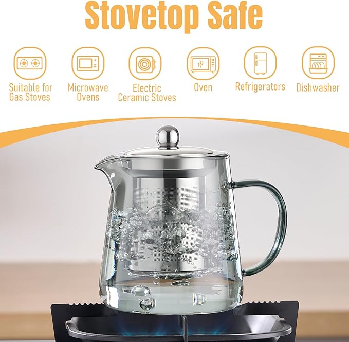 PARACITY Glass Teapot Stovetop 55ml/18.6oz, Borosilicate Clear Tea Kettle with Removable 18/8 Stainless Steel Infuser, Teapot Blooming and Loose Leaf Tea Maker Tea Brewer for Camping