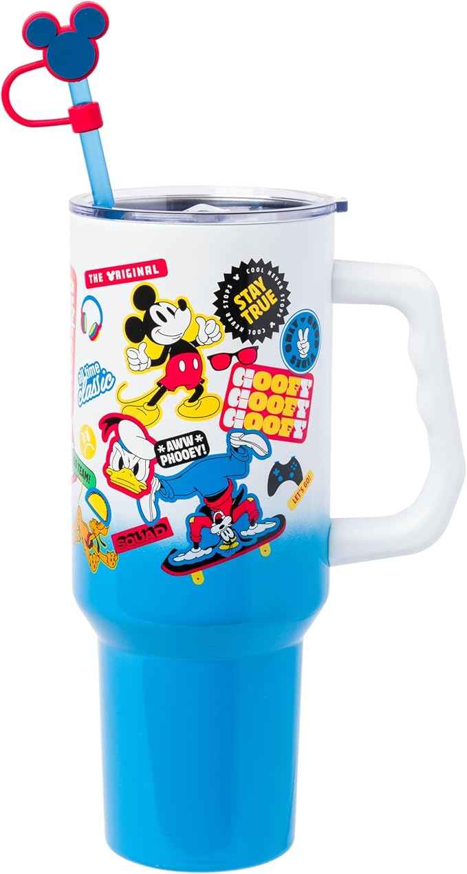 Silver Buffalo Disney Mickey Mouse Stainless Steel Tumbler with Straw Cover, Lid, Straw, and Handle Featuring Donald Duck, Daisy Duck, Minnie Mouse, Mickey Mouse, Goofy, and Pluto, 40 Ounces