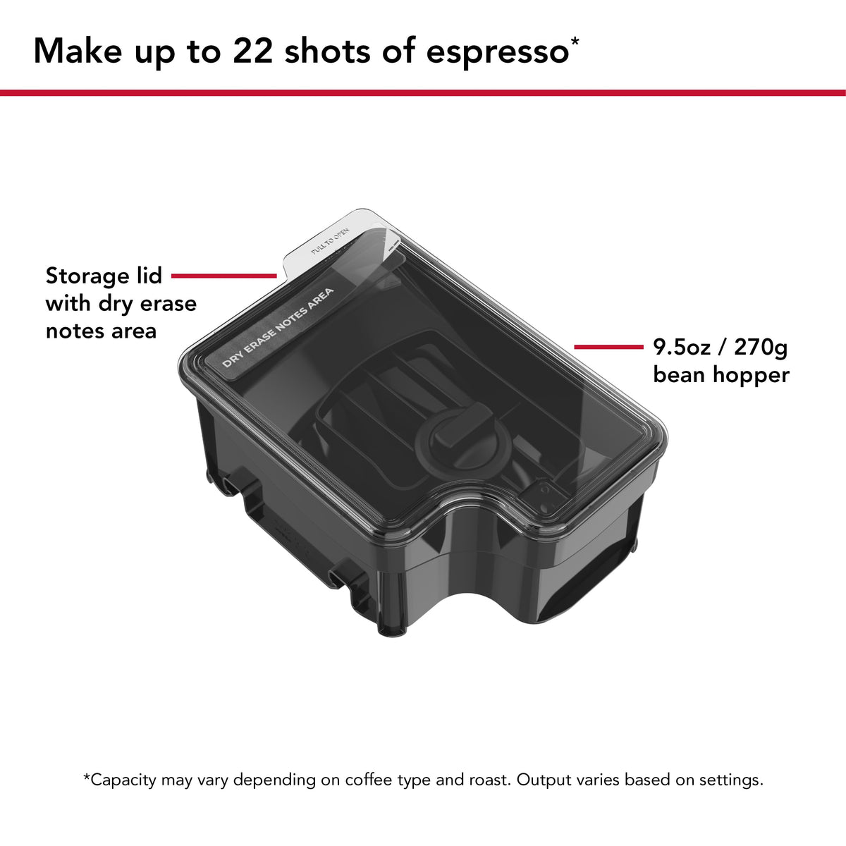 Espresso machine bean hopper shown with lid