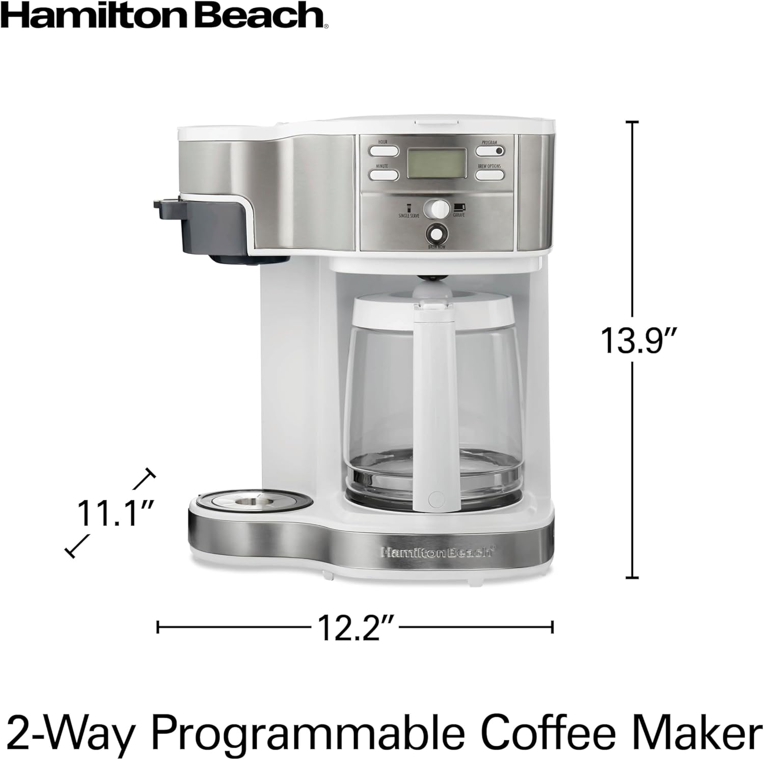 Hamilton Beach 49933 2-Way 12 Cup Programmable Drip Coffee Maker & Single Serve Machine, Glass Carafe, Auto Pause and Pour, White - Blissbrew
