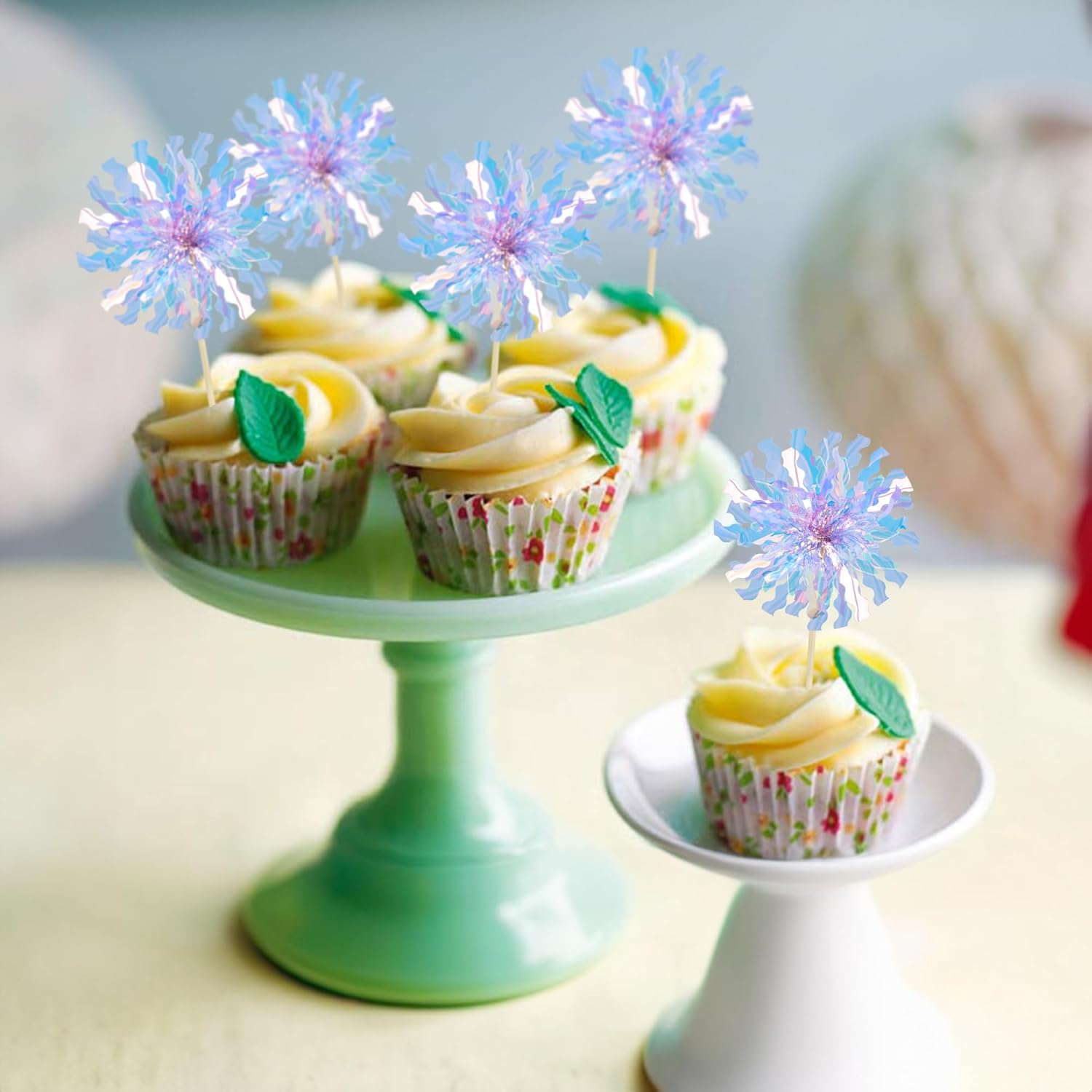 Ephlyn 30Pcs Foil Firework Cupcake Toppers Party Birthday Cake Toppers Supplies Sparkle Tinsel Cocktail Fruit Toothpick for Birthday Wedding Graduation Party Light Blue