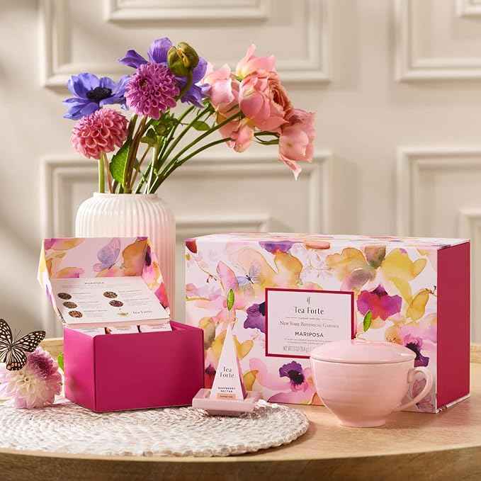 Tea Forte Mariposa 3-Piece Premium Tea Gift Set with Rose Pink Cafe Cup and Lid, Tea Tray and 10 Count Mini Presentation Box, 2 of Each Blend Handcrafted Pyramid Infuser Tea Bags