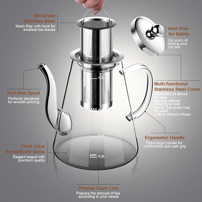 Glass Teapot, 1200ml (40oz) Tea Pot with Infuser for Loose Tea and Blooming Tea, Stovetop Safe Tea Kettle, Hand Crafted Borosilicate Glass Tea Maker with Scale Line, Tea Gift Set for Tea Lovers