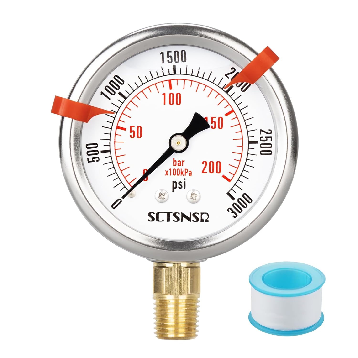 0 to 3000 Psi Pressure Gauge, Glycerin Liquid Filled, 2.5 inch Dial, 1/4