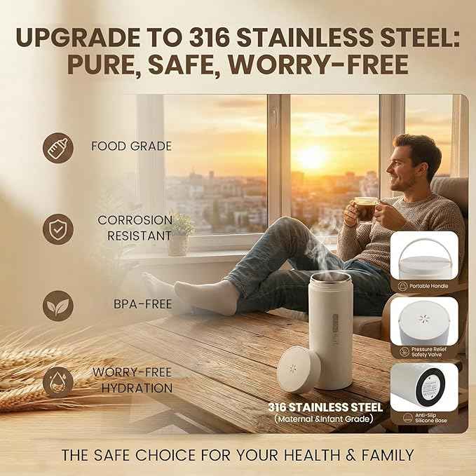 Travel Tea Kettle（120V）, Portable Electric Kettle, 316 Stainless Steel Premium Liner, 4-speed Temperature Adjustment with Auto Shut-off and Boil-Off Protection,White.