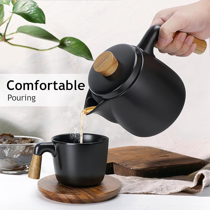 MIAMIO - Teapot Set with Warmer / 34 oz Tea Kettle with Infuser for Steeping Loose Tea Leaves - Gift for Women/Tea Lovers (Black)
