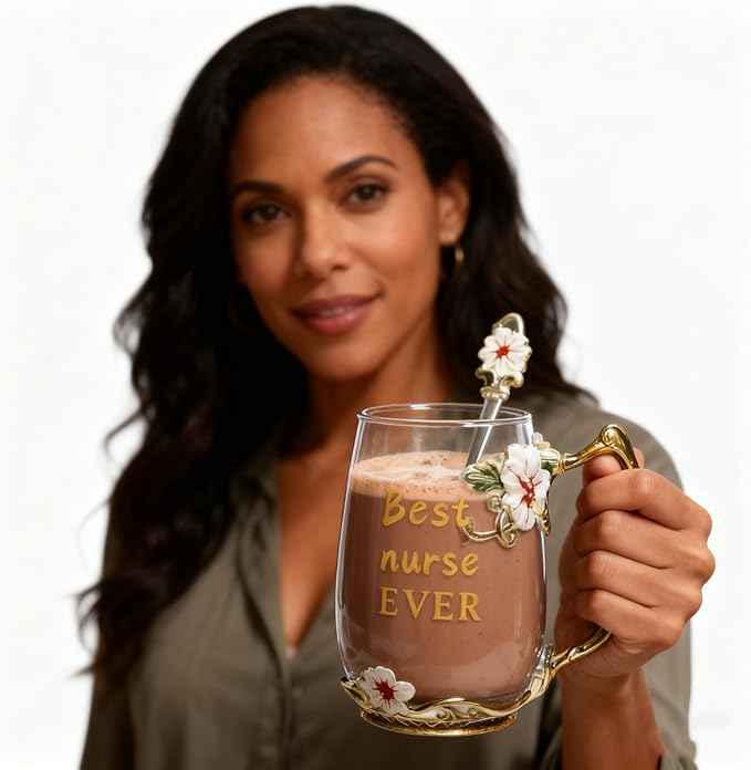National Nurses Day Flower Glass Cup with Unique Flower Printing and Spoon - Ideal Nurse Christmas Gift (Nurse)