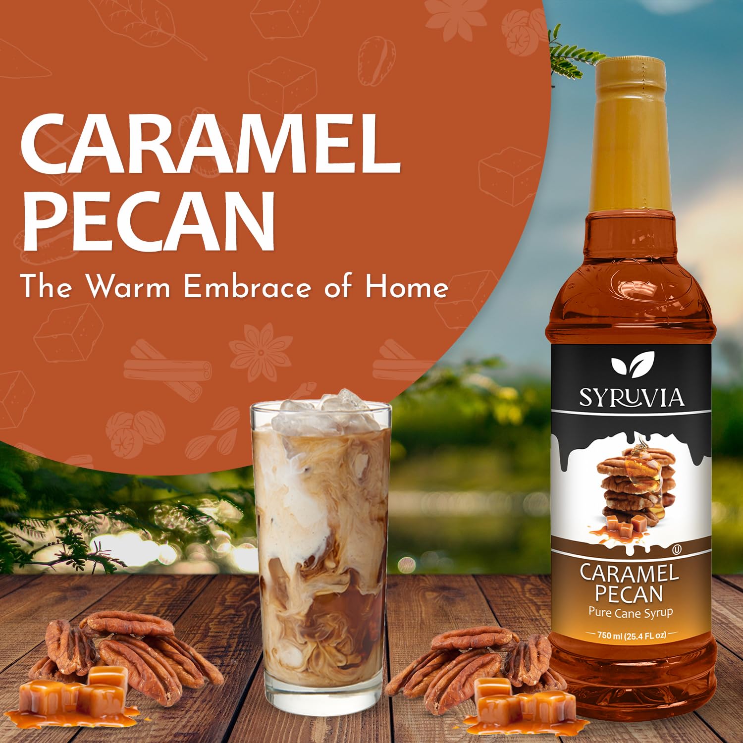 Syruvia Caramel Pecan Coffee Syrup - 25.4 fl oz. Kosher, and Gluten-Free. Ideal for Enhancing Drinks, Sodas, Shakes, Desserts, and More.