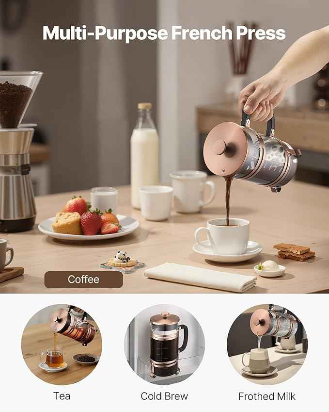 VEVOR French Press Coffee Maker, 34 Ounce 1 Liter Borosilicate Glass Coffee Press Tea Maker with Stainless Steel Filter, Large Glass French Presses Cold Brew for Camping Travel Home Kitchen, Copper