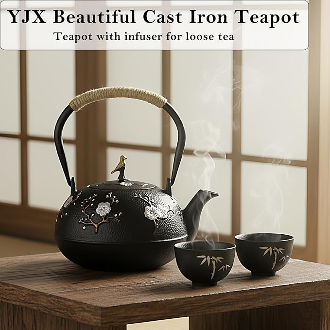 YJX Cast Iron Teapot, Japanese Style Tetsubin, Tea Kettle with Stainless Steel Infuser for Loose Tea, Internal Enamel Iron Tea Pots for Stovetop or Induction Cooker Safe(40.2oz/1200ml)