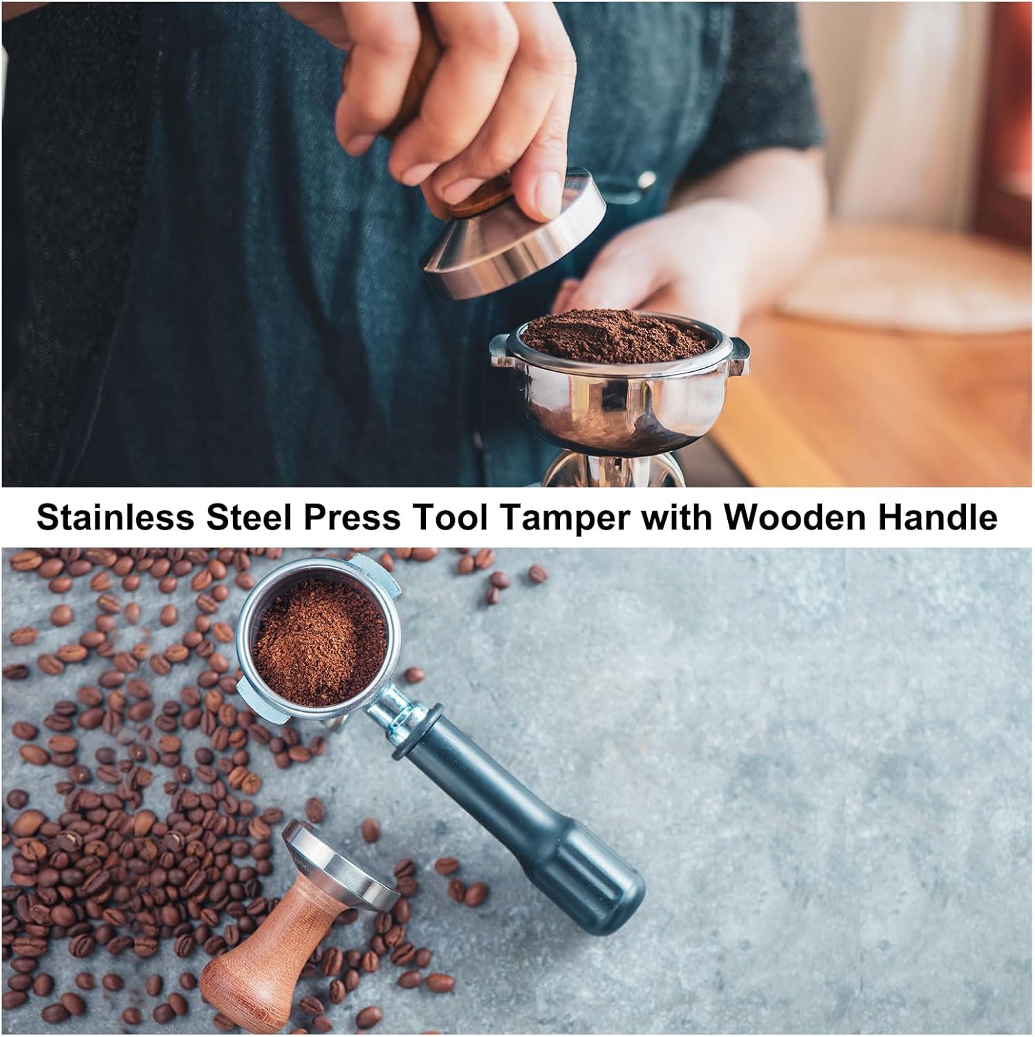uxcell 53mm Espresso Tamper, Stainless Steel Press Tool Tamper with Wooden Handle, Espresso Accessories for Baristas, Home, Shops, Cafe (Flat Base, Deep Wooden)