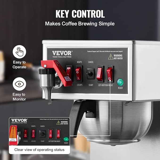VEVOR 12 Cups Commercial Drip Coffee Maker, Coffee Maker Machine with 3 Glass Carafes and 3 Warmer Plates, Stainless Steel Pour Over Coffee Brewer with Auto Water Intake, for Restaurant Office Cafe