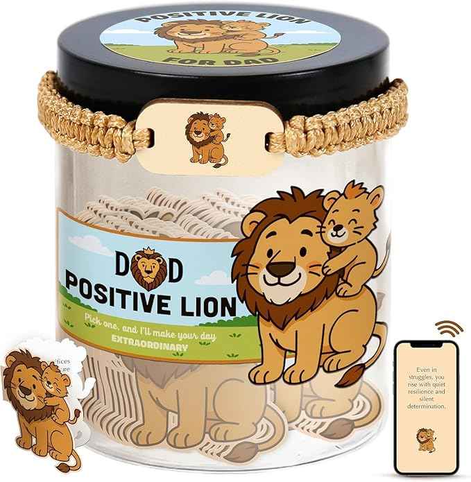 Positive Lion Jar with 60 Affirmation Cards, Emotional Support Lion Decor, Uplifting Present for Dad, Fathers Day Appreciation Jar from Daughter or Son