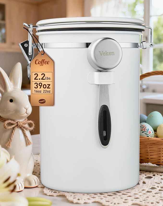 Veken Coffee Canister, 39OZ Large, Airtight Stainless Steel Food Storage Container for 2.2lbs Coffee Beans, Ground, Sugar, Tea, Flour, Cereal, Kitchen Bar Accessories with Date Tracker & Scoop, White