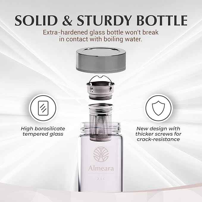 Almeara Crystal Water Bottle with Authentic Aquamarine Stones and Clear Quartz Removable Gemstones, Loose Leaf Tea Infuser - Relaxation, Healing & Spiritual Gifts for Women - Witchcraft Supplies
