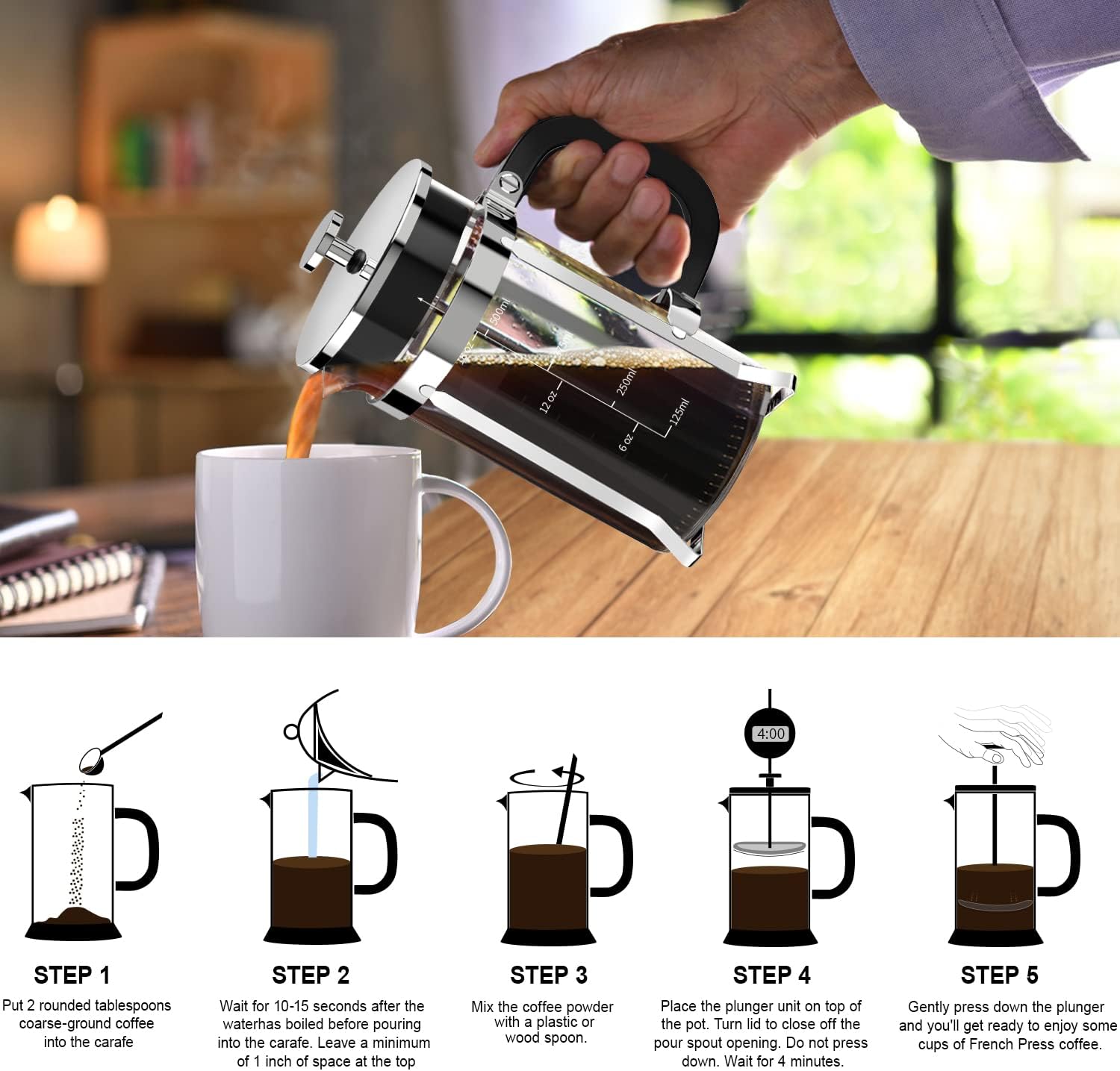 QUQIYSO French Press Coffee Maker 304 Stainless Steel French Press with 4 Filter, Heat Resistant Durable, Easy to Clean, Borosilicate Glass Coffee Press, 100% BPA Free Glass Teapot, 21 ounce, Silver - Blissbrew