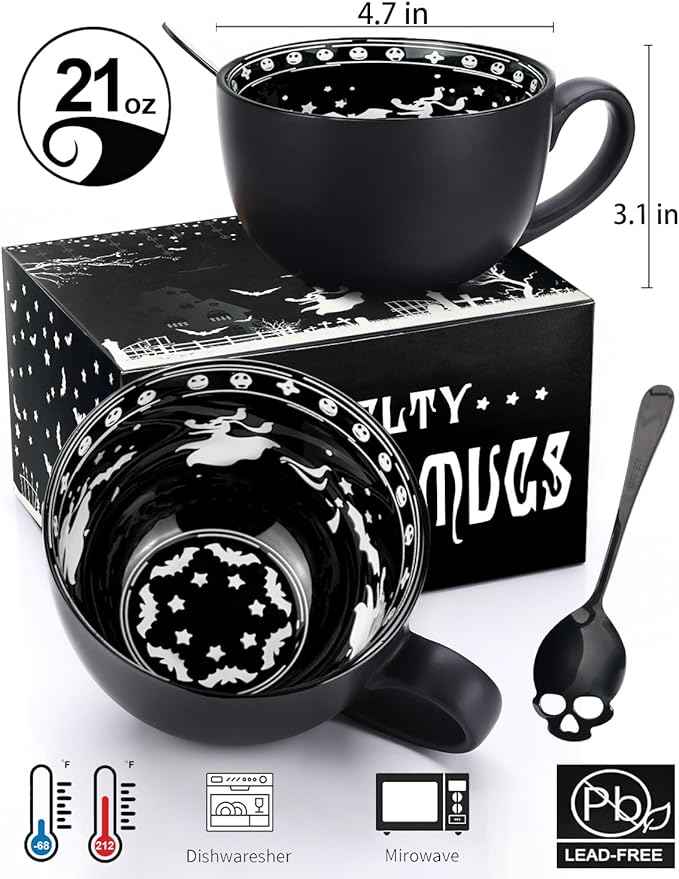Christmas Gifts, Midnight Skull Coffee Mugs with Spoons, Halloween Birthday White Elephant Weird Gifts for Women Men Girl Friends, Halloween Spooky Witchy Gothis Decor Horror Novelty Tea Cup
