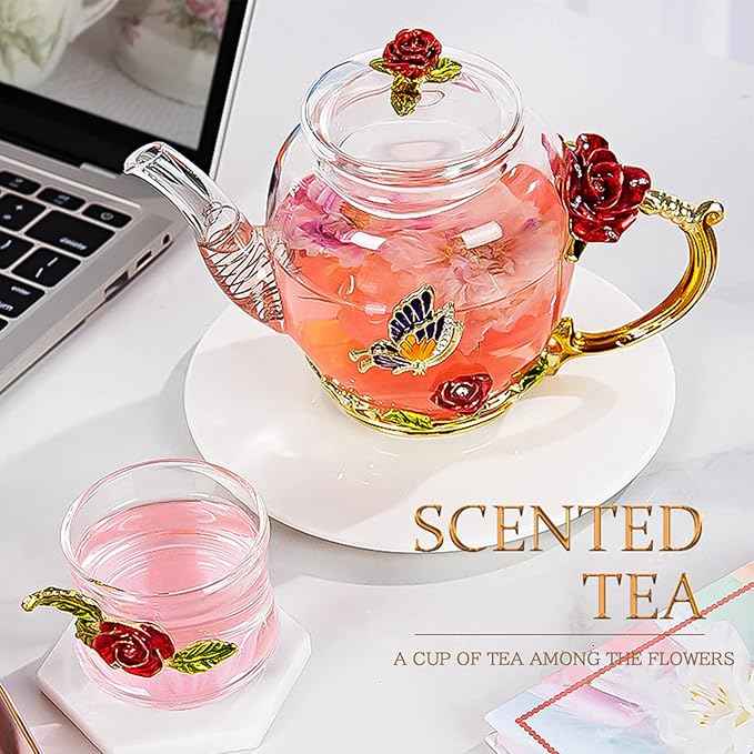 xixi-home Glass Tea Set,Red Rose Teapot Set,Flower Teapot and Cup Set 7-piece set Thickened Clear Tea Kettle coffee cup set fashion ladies Fancy Tea Set,Mother's Day gift-exquisite gift box
