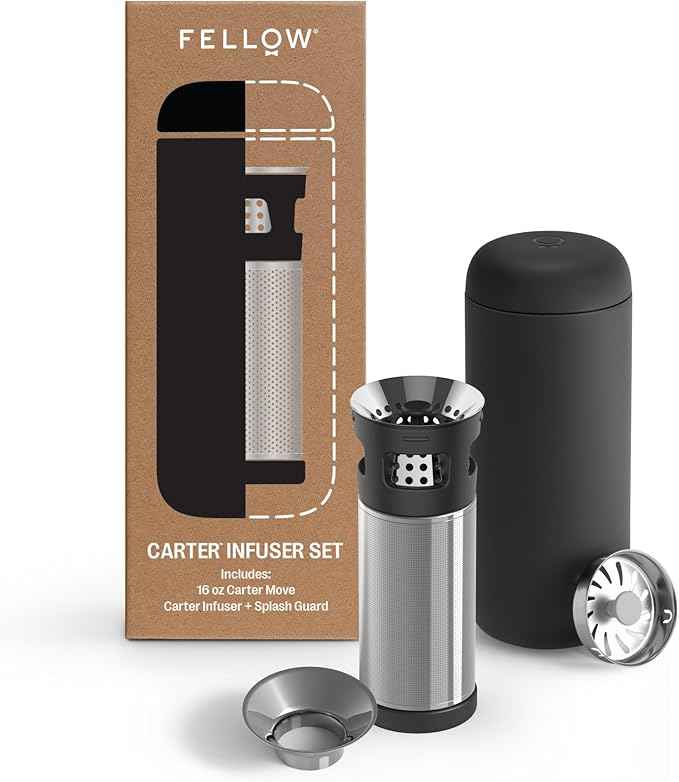 Fellow Carter Tea + Cold Brew Infuser & Carter Move 16 oz Tumbler Set - Steep Tea On-The-Go - Vacuum-Insulated Stainless Steel Travel Mug w/Snap-In Infuser For Steeping Tea, Cold Brew, Matte Black