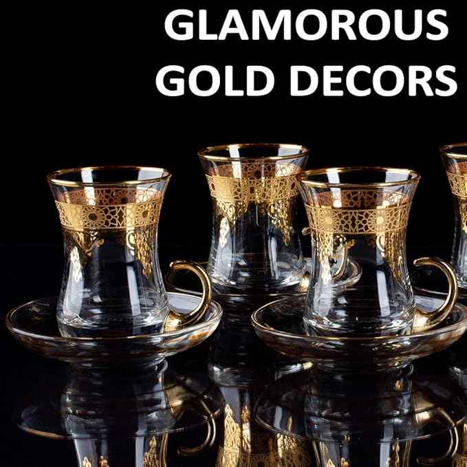 Gold Turkish Arabic Moroccan Tea Glasses Cups Set of 6 and Saucers Glassware Drinking Women Party Fancy Drinkware Style Vintage Persian Kitchen Decor Drinks
