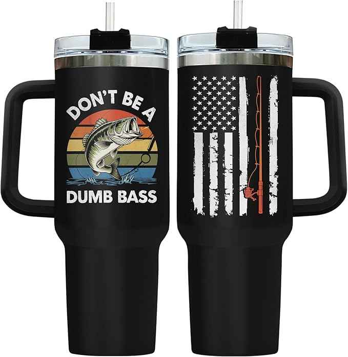 34HD Funny Fishing Tumbler 40oz with Handle Lid and Straw, Don’t Be a Dumb Bass Insulated Travel Coffee Cup, Father’s Day Gift for Men & Papa, Outdoorsman Fisherman Birthday Present