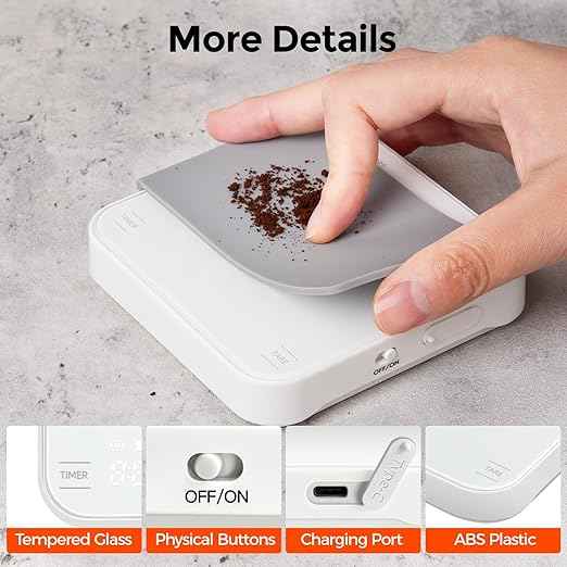 Rechargeable Mini Coffee Scale with Timer, 2kg/0.1g Precision Espresso Scale, Portable Coffee Weight Scale w/ 4 Modes for Espresso and Pour-Over Coffee (White)