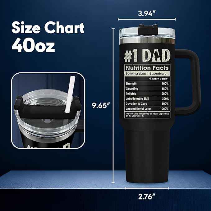 34HD Dadalorian Dad Tumbler 40oz with Handle Lid and Straw, Funny Daddy Galactic Nutrition Facts Gift, Black Stainless Steel Insulated Cup for Men, Space Theme Father’s Day Birthday Present