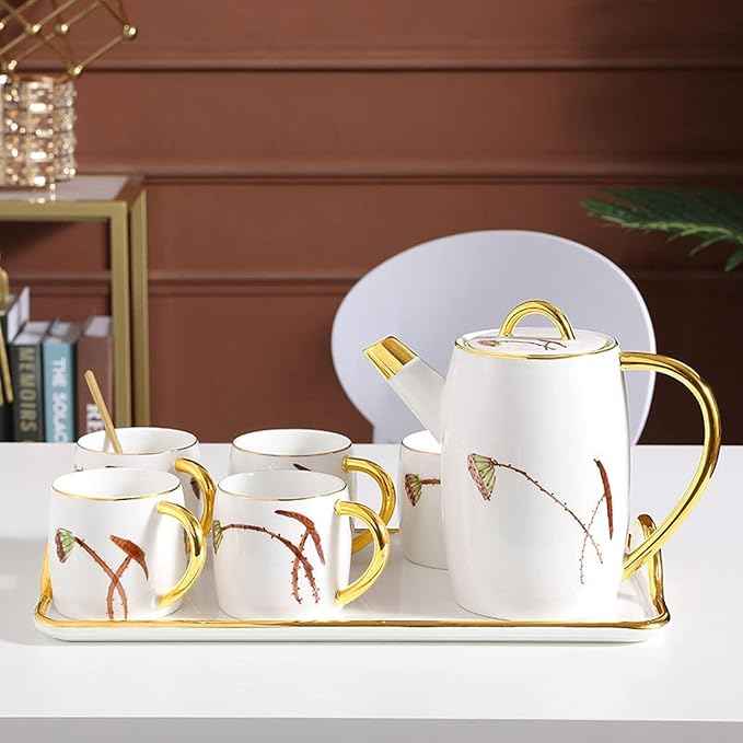 Porcelain Tea Set for Adults, Ceramic Afternoon Tea Set with Teapot, 6 Cups & Tea Tray, Luxury Gift Tea Service for Parties & Home Use