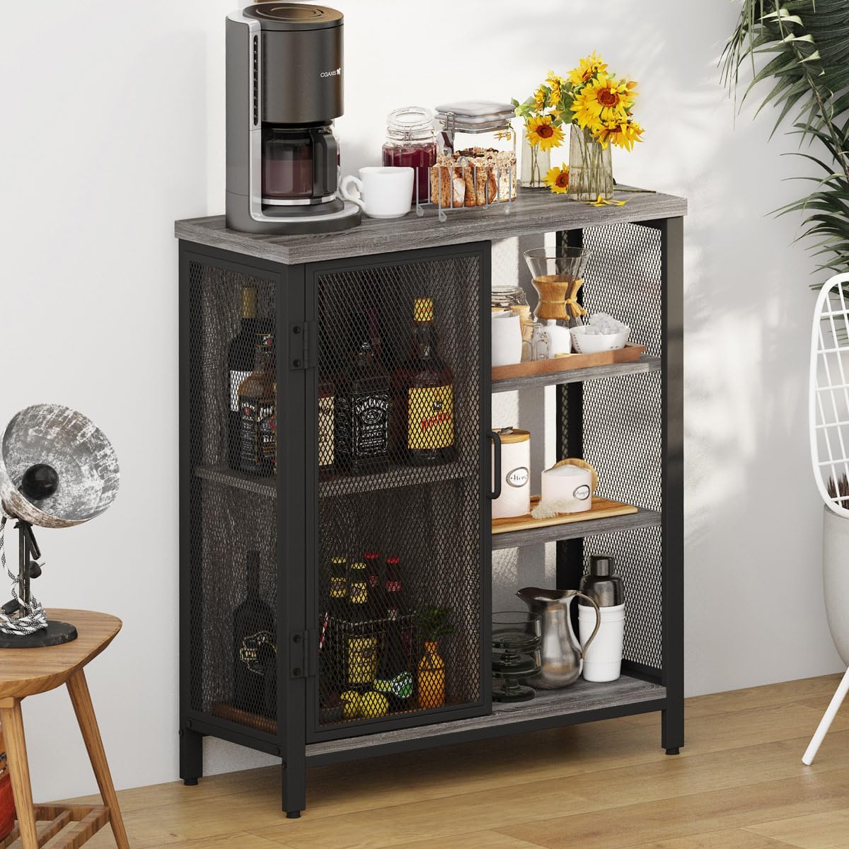BON AUGURE Liquor Cabinet Bar for Home, Farmhouse Coffee Storage Cabinet for Kitchen, Small Wood Sideboard Buffet Station Cabinets with Door (Dark Grey Oak, 36
