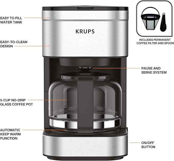KRUPS Simply Brew Compact 5 Cup Coffee Maker: Stainless Steel Design, Pause & Brew, Keep Warm, Reusable Filter, Drip-Free Carafe