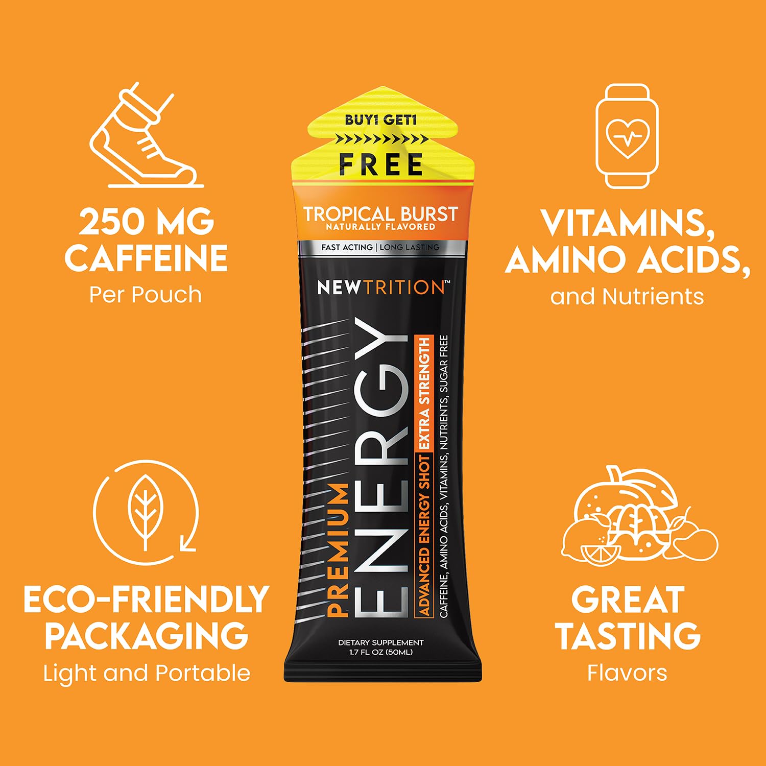 NewTrition® Extra Strength Energy Shots, 250mg Caffeine Energy Shots with Vitamin B & Amino Acids, Sugar-Free Vitamin Energy Shot, 1.7 fl oz (Pack of 6, Tropical Burst)