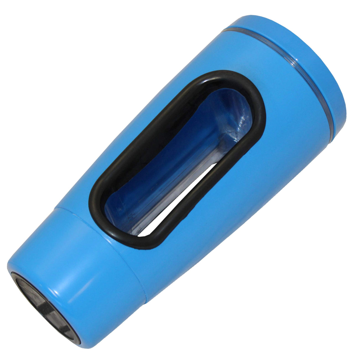 Blue plastic mug with rotating spill-resistant lid