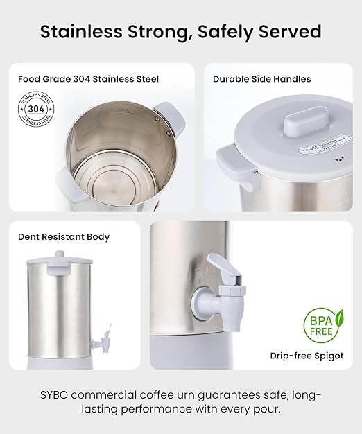 SYBO 45 Cup Coffee Urn, Commercial Grade Stainless Steel Percolate Coffee Maker, Removable Filter, Easy to Clean, Hot Water Urn for Catering, Hot Beverage Dispenser with Cool-Touch Handles, 6L, Grey
