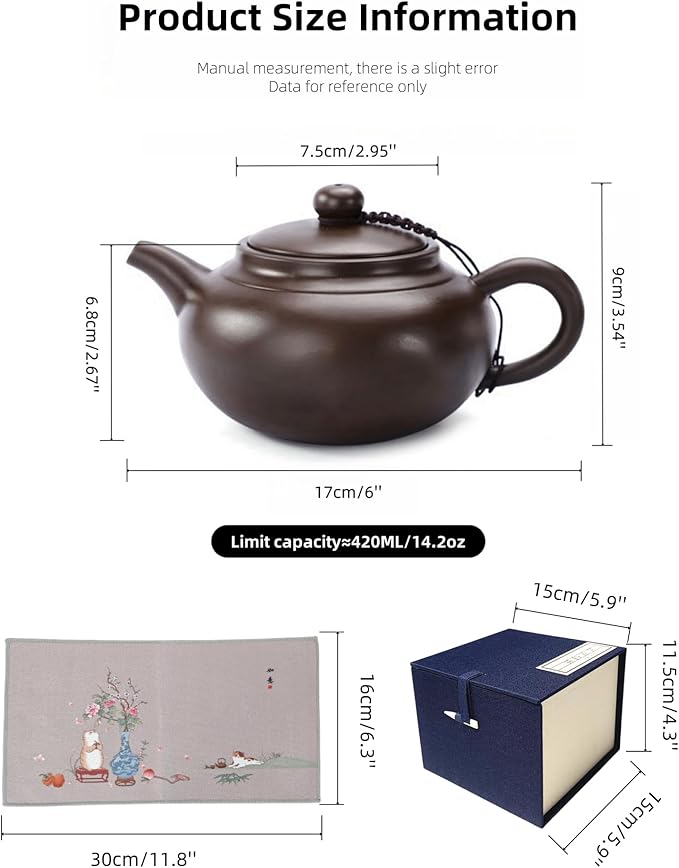 Yixing Clay Teapot 14oz,Chinese Large Capacity Zini Clay Tea Pot with TeaTowel for Loose Tea Handmade Gift,Black